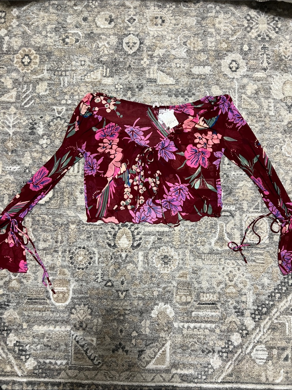 Free People Burgundy Floral V-Neck Tie-Sleeve Crop Top